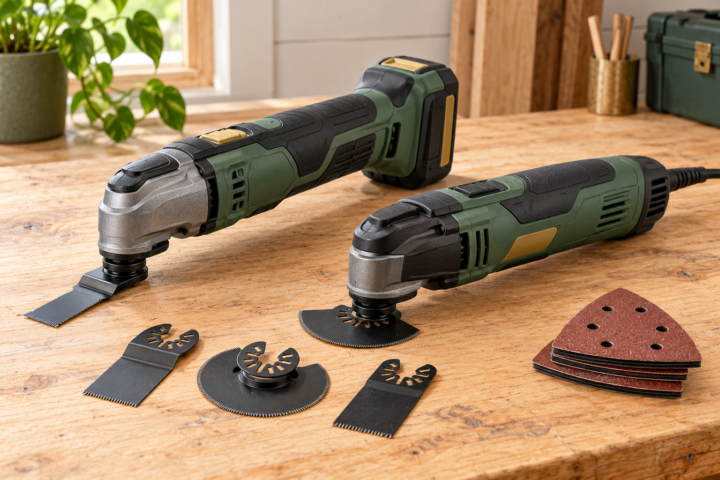 Illustration of cordless and corded oscillating multi-tools with blades and sanding pads on a workbench